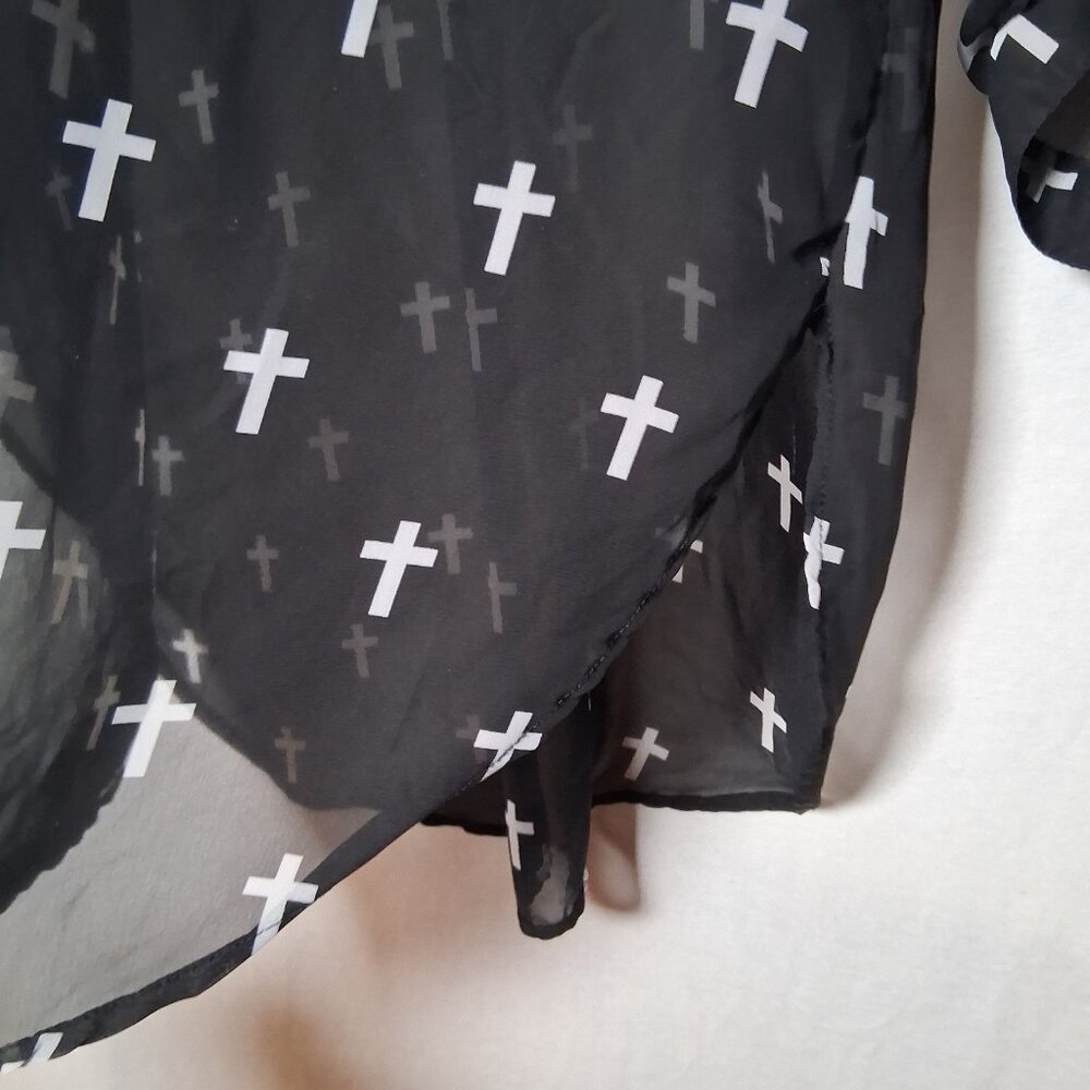 Wet Seal Holy Cross Blouse XL Black Sheer Roll Tab Sleeve Emo Goth Religious - Picture 13 of 14